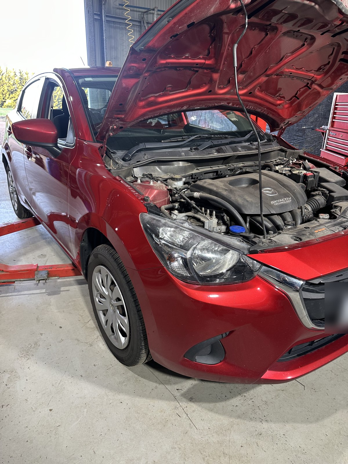 Engine bay open on a Mazda 2 during a weekend service